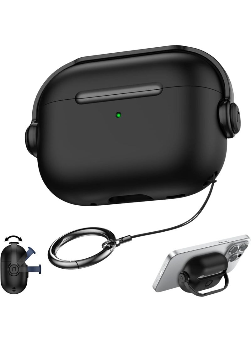 جراب AirPods Pro 3، غطاء قفل أمان لسماعات Apple AirPods Pro 3 2025 مع حامل للهاتف وسلسلة مفاتيح، جراب واقٍ مقاوم للصدمات والخدوش للرجال والنساء - (أسود) - Image 1